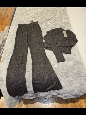 NWT privy Black Lace Wide-Leg Pants with Matching Lace Crop Top